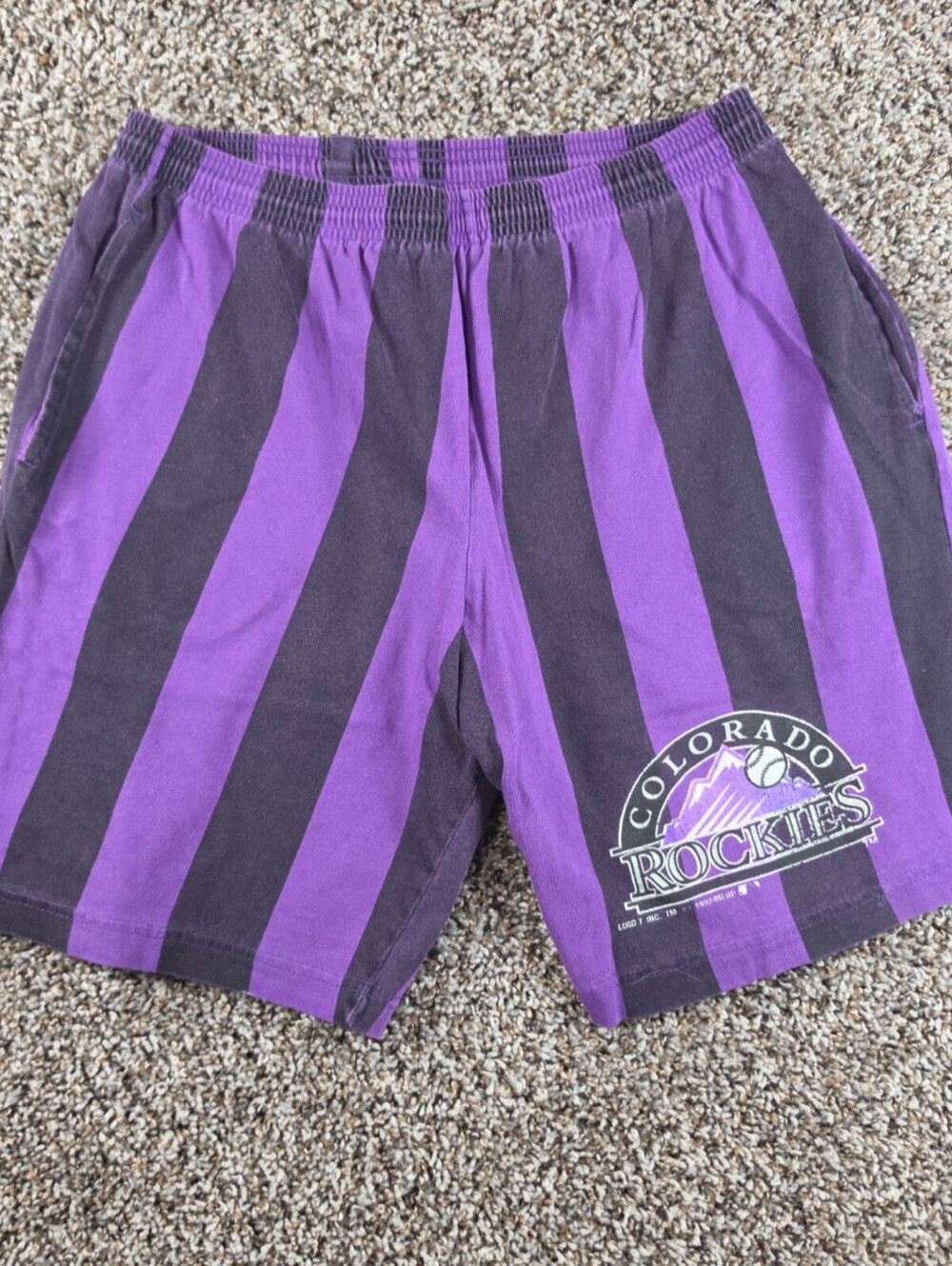 Vintage 1992 Colorado Rockies MLB Mens Sz M Sweatshorts Shorts Purple Striped